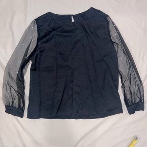 XXL Black Long Sleeve Blouse with Sheer Sleeves and Pearl Embellishment.
